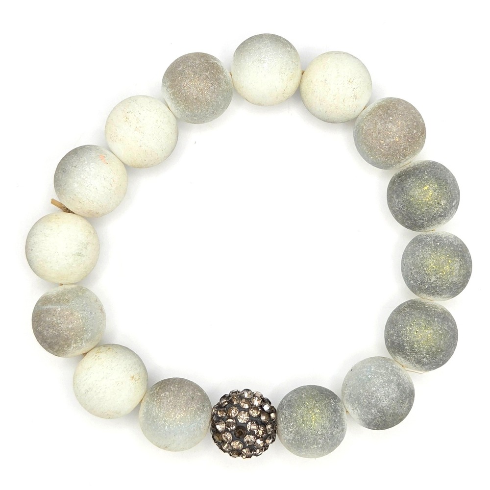 Grey White Matte Druzy Style Bead Stretch Bracelet Pave Rhinestone Focal 12mm - Picture 2 of 4